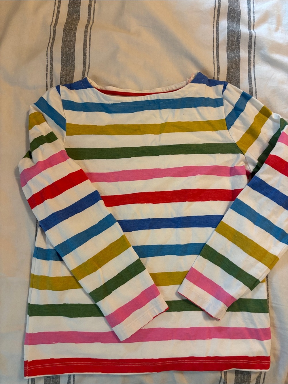 Girls Mini Boden White Long-Sleeve Tee with Bright Multi Stripes 9/10